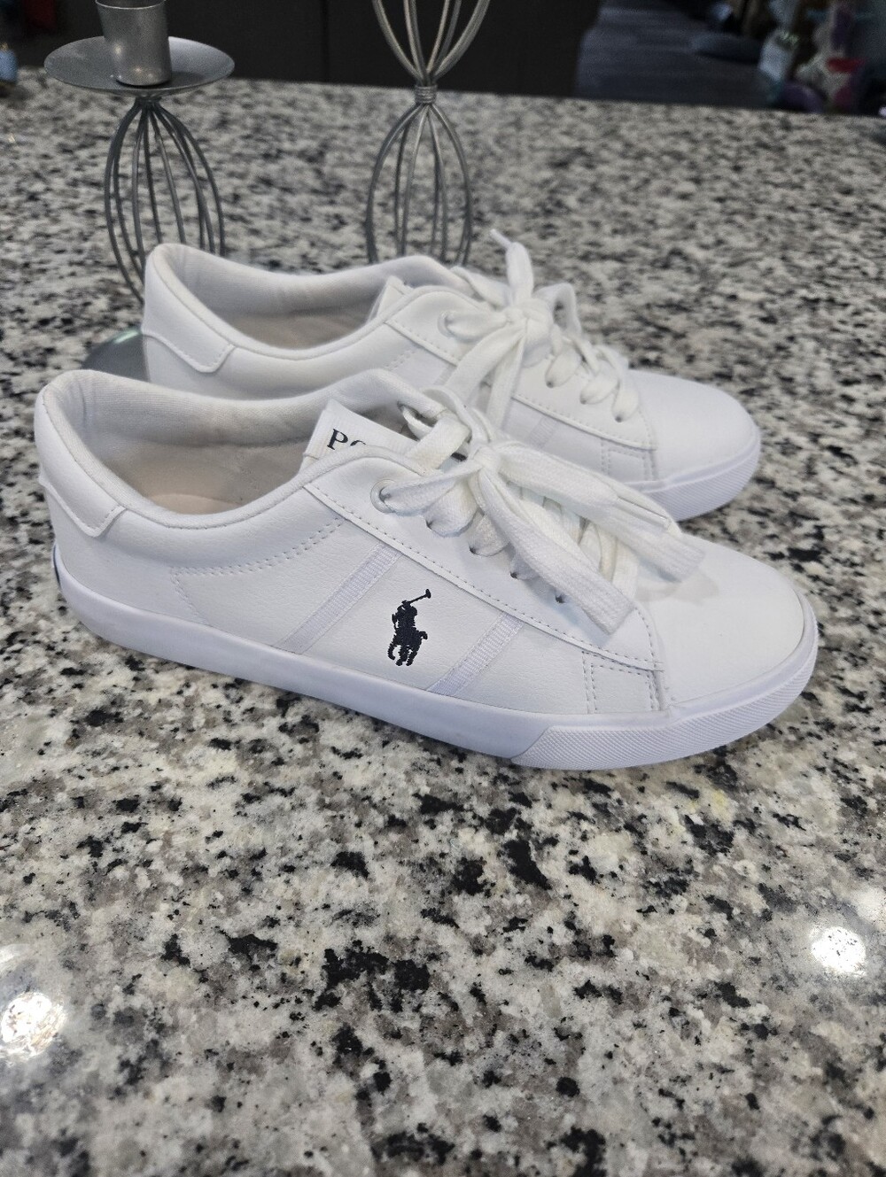 Ralph Lauren White Low-Top Sneakers with Navy Polo Logo Youth Size 5
